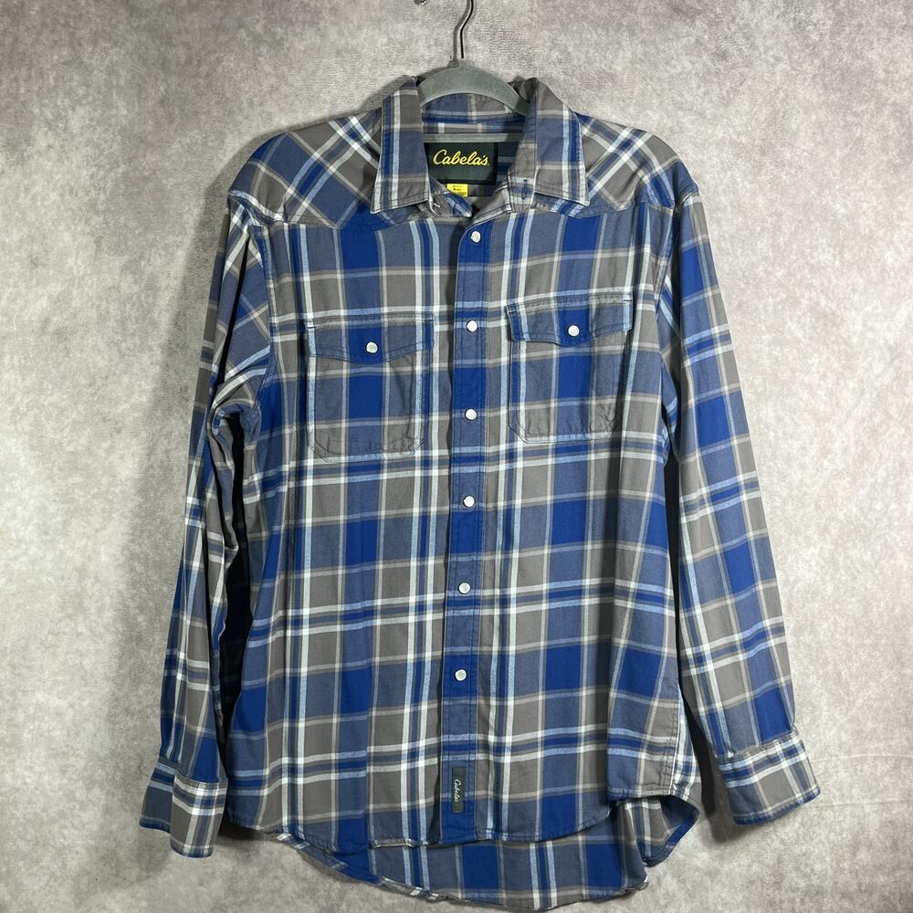 Cabelas Shirt Mens Medium Blue Gray Plaid Long Sleeve Cotton Western Pearl Snap